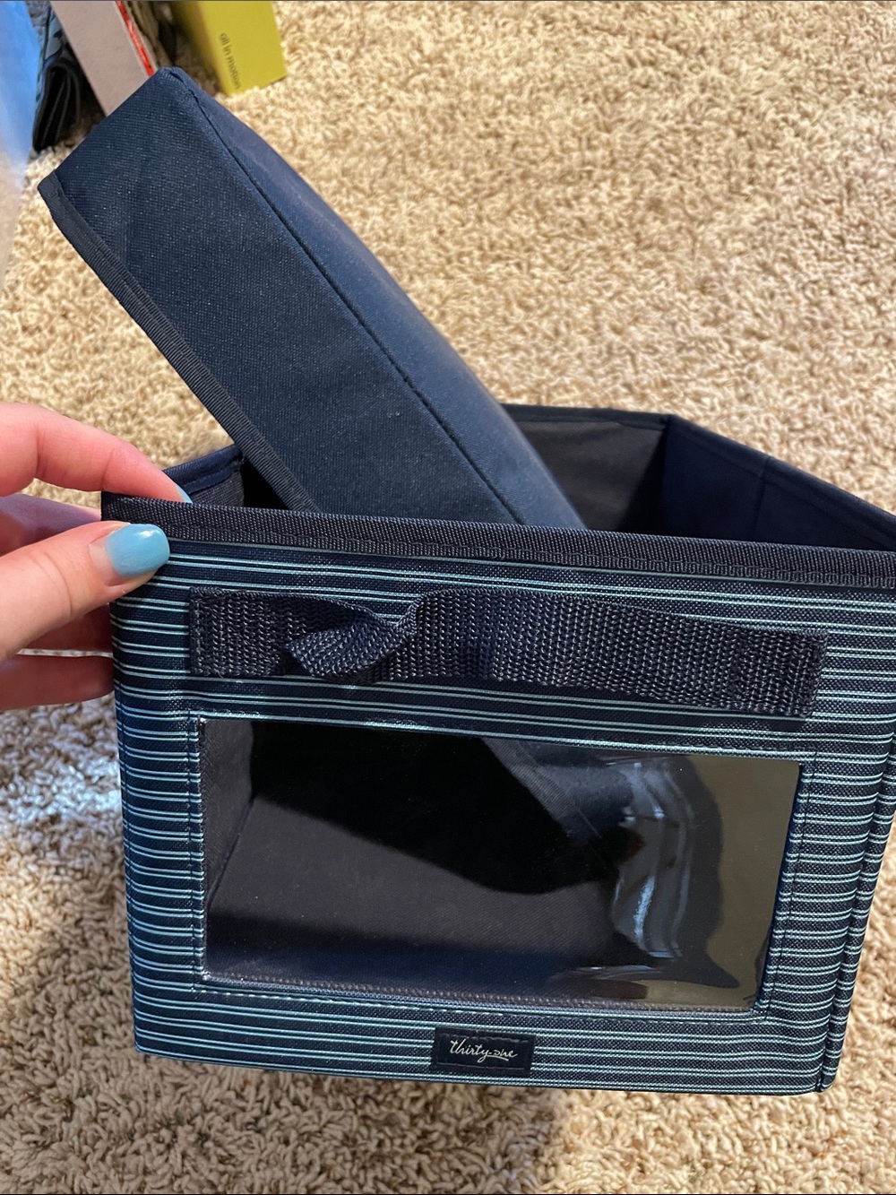 thirty-one navy striped fabric storage bin with clear label window